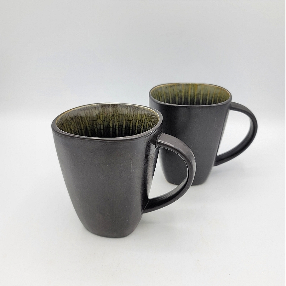 Baum Zen Reactive Glaze Black Olive Green Mugs Set of 2 Ceramic Y2K Vintage 12oz
